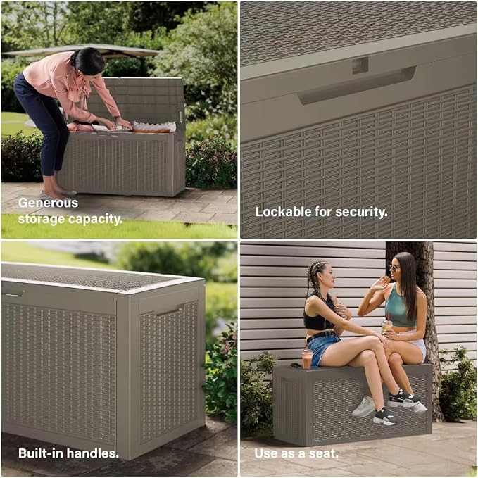 105 Gallon Waterproof Large Resin Deck Box Indoor/Outdoor Lockable Storage Container and Seating for Garden, Pool, and Patio