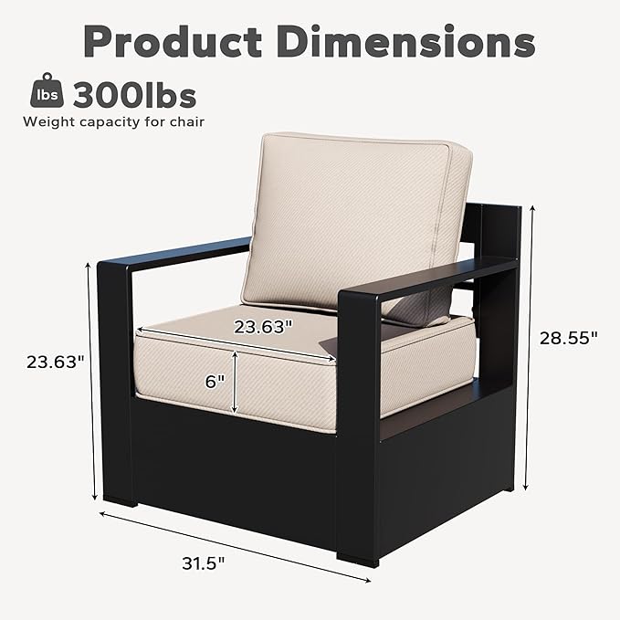 Outdoor Aluminum Furniture, Patio Chairs with 6" Thick Removable Cushions, All-Weather Metal Frame, Deep Setting for Garden, Poolside and Porch