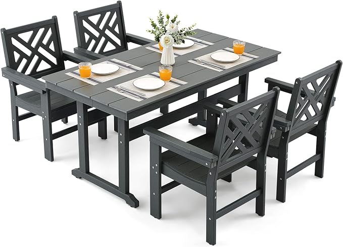 5 Piece HDPE Outdoor Dining Set for 4 Patio Dining Furniture Set with Umberlla Hole, Weather Resistent Outdoor Table and Chairs for Garden, Poolside, Backyard, Deck, Grey