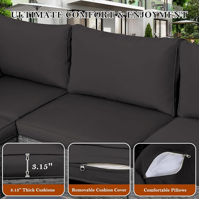 NOBLEMOOD 7 Pieces Patio Furniture Set, All Weather Outdoor Rattan Conversation Sectional Sofa Set with Cushion, Coffee Table for Porch Deck Garden