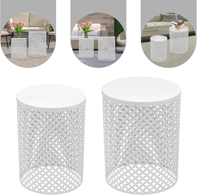 2PCS Outdoor Side Table, Modern End Table Cylindrical Metal Frame Accent Table, Metal Frame Accent Table for Gardens, Balconies, Bedrooms, Living Rooms (White)