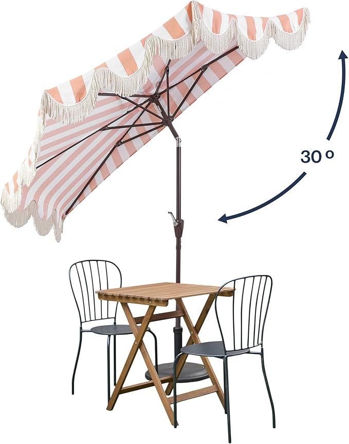 JONATHAN Y Beverly 9 ft. Coastal Coral Pink and White Striped Half Patio Umbrella with Scalloped Fringe, Crank Lift, and Manual Tilt for Balcony, Dark Brown Pole UMB1201E