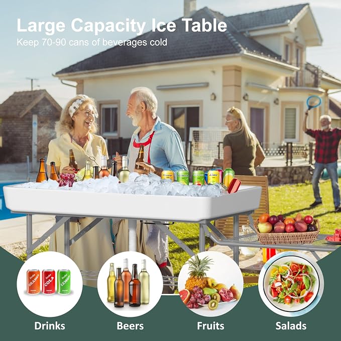 Folding Ice Cooler Table with Metal Side Desktop, Skirt &Drain Hose to Keep Drinks Cool, 4 Foot Portable Self-Serving Beverage Cooling Bar with Metal Shelf for Party, BBQ, Camping Picnic, White