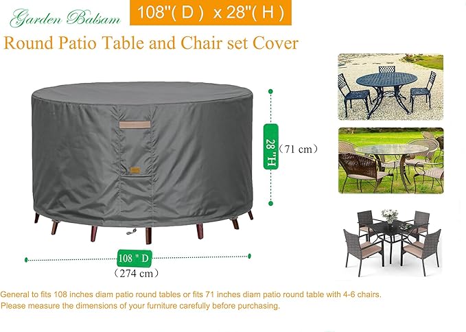 600D Heavy Duty Waterproof Patio Furniture Covers UV Resistant Round Outdoor Table Chair Covers Large Round 108"Diax28"H Dark Grey