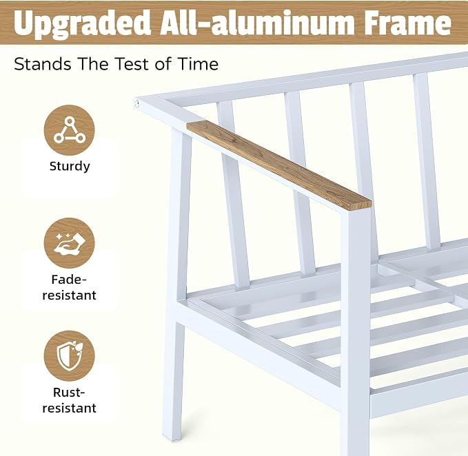 Aug-guan Aluminum Patio Furniture Set 5 Piece, Outdoor Conversation Set with 5" Cushions, Olefin Fabric, Rustproof Frame, Non-Slip Feet, Compact Patio Sofa Set for Balcony, Backyard, Porch,White