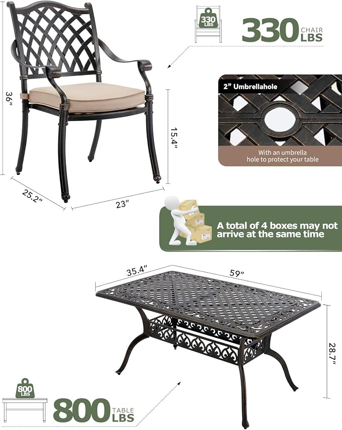 7 Piece Cast Aluminum Outdoor Dining Set, Retro Patio Dining Furniture Set for 6 Includes 59” Table 2 Swivel & 4 Stackable Lattice Chairs with Cushions and 2“ Umbrella Hole for Porch Poolside Garden
