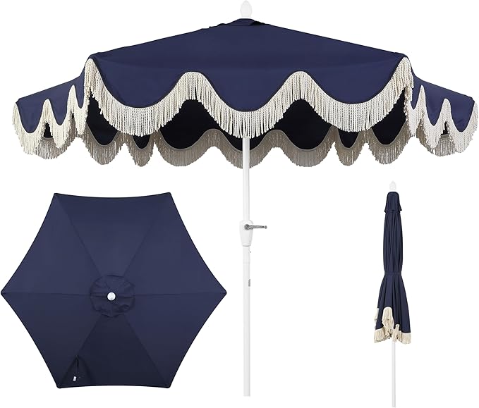 JONATHAN Y UMB1001 Collins 9 ft. Classic Cottage Tassel Market Patio Umbrella with Auto-Tilt, Crank, Wind Vent and UV Protection