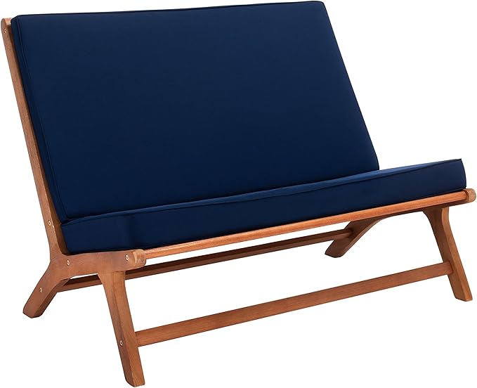 SAFAVIEH Outdoor Collection Chaston Natural Wood/Navy Cushion 4-Piece Conversation Patio Set