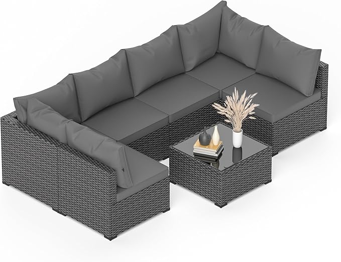 Patio Furniture Set, 7PCS Outdoor Sectional PE Rattan Patio Conversation Set w/Thickened Cushion Patio Sectional Modular Wicker Patio Sofa Set w/Coffee Table for Balcony, Backyard (Grey)