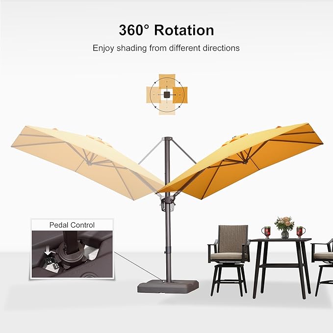 PURPLE LEAF 8' X 8' Cantilever Patio Umbrella with Base Included Antique Bronze Square Umbrella with 360° Rotation and Aluminum Offset Hanging Outdoor Umbrella for Pool Garden Backyard Deck, Yellow