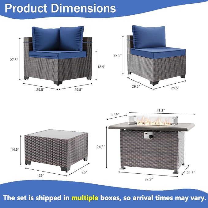 11 Pieces Outdoor Patio Furniture Set,Outdoor Sectional Furniture with 43" 55000 BTU Gas Propane Fire Pit Table,PE Rattan Wicker Patio Conversation Set,Swivel Rocking Chairs Set,Navy Blue