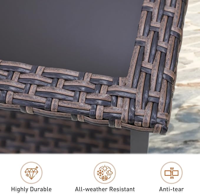 Canyon Ridge Outdoor Side Table, Tempered Glass Top Wicker Square Small End Table for Deck, Porch, Balcony, Garden and Backyard, Brown