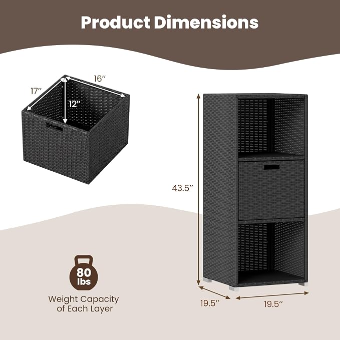 Tangkula Rattan Outdoor Storage Cabinet, Patiojoy Outdoor Wicker Cabinet with 3 Shelves, 1 Removable Drawer, Patio Storage Deck Box for Backyard Poolside Porch
