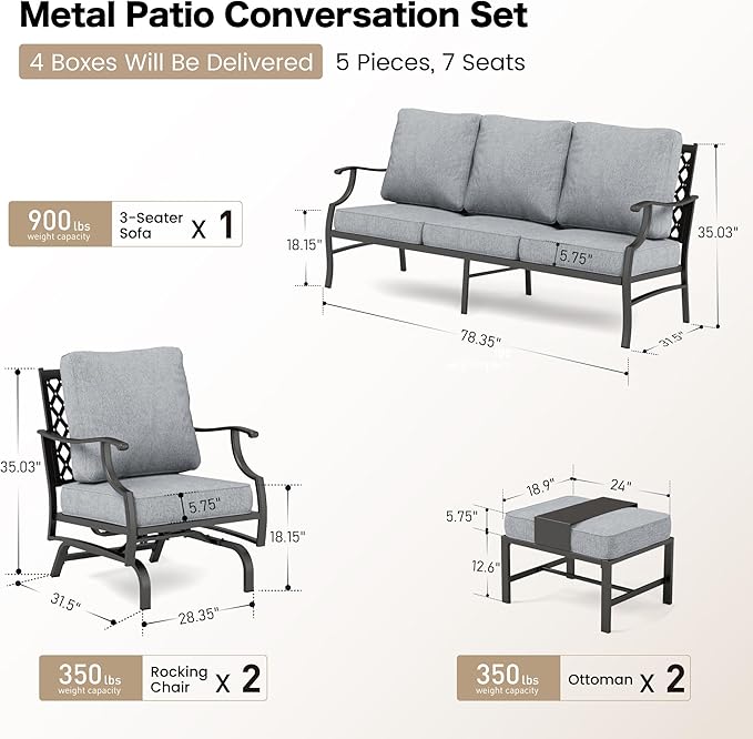 7 Piece Metal Outdoor Patio Furniture Set, Patio Conversation Sets 3-seater Sofa, 2 Rocking Chair, 2 Ottomans with 5.75" Thick Cushion, Black All-weather Frame Backyard Furniture, Gray