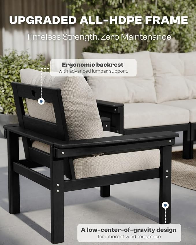 HDPE Outdoor Patio Furniture Set, 7-Piece Patio Conversation Sets with Coffee Table & Side Table & Beige Washable Thick Cushions, Outdoor Sofa for Balcony, Porch(Black Frame)