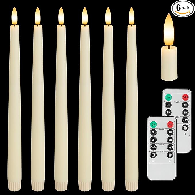 Flameless Taper Candles with 3D Wick, 11.4" Real Wax LED Candles with Remote and Timer, 6 Pack Flickering Candlesticks Battery Operated (Ivory)
