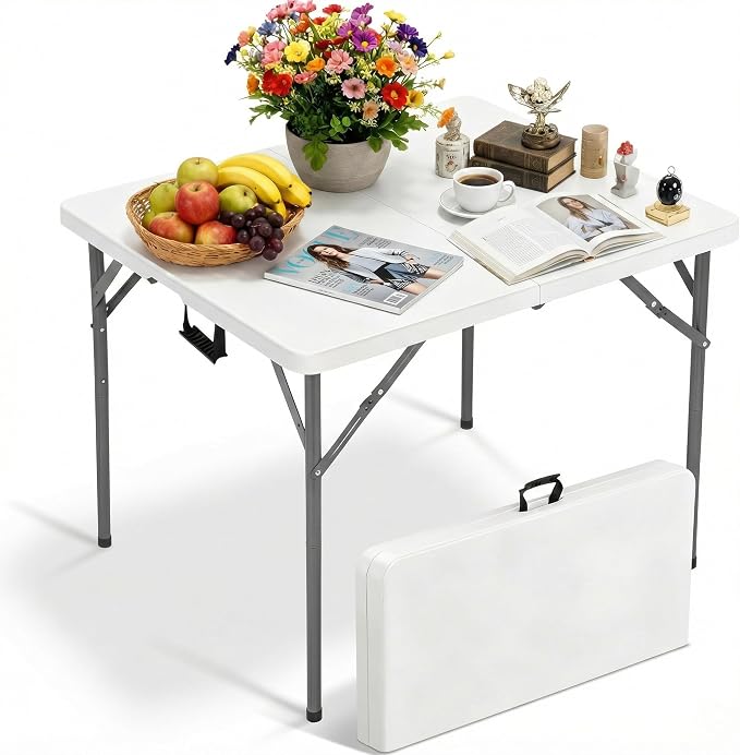 34" Folding Card Table, Heavy Duty Plastic Square Table - Portable & Handle & Lock ，for Camping, BBQ, Party
