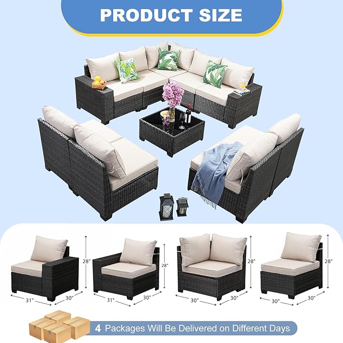 Patio Furniture Set, 10 Pieces Outdoor Couch Sofa with Wider Armrests & Glass Coffee Table, Outdoor Sectional Furniture with Thick Cushions for Party, Poolside,Garden-Beige