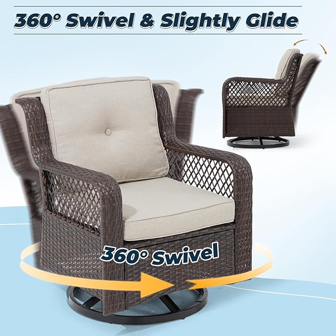 3 Pieces Patio Swivel Chairs, Wicker Patio Conversation Sets with Rocking Chair, Side Table for Outdoor Garden Porch Backyard(Beige)