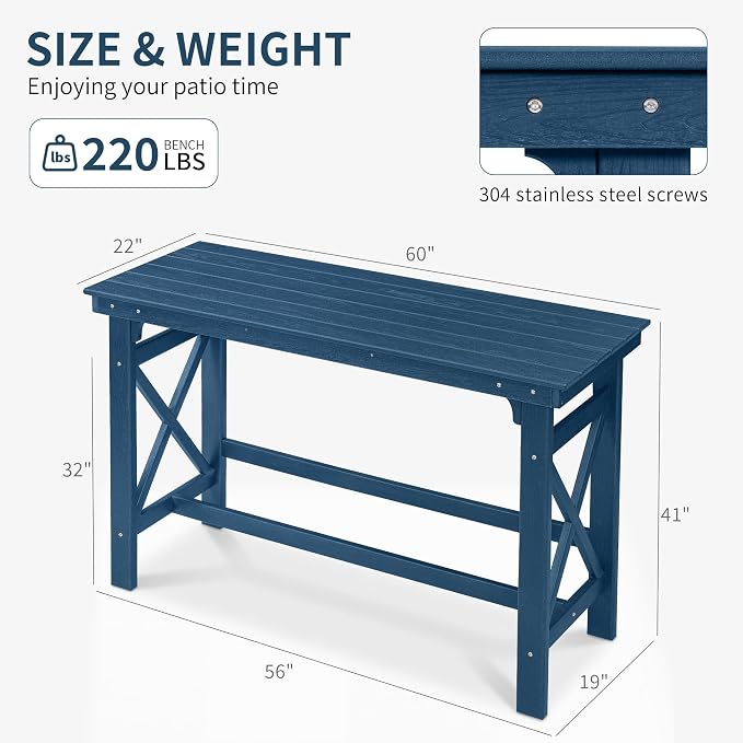 60" HDPE Outdoor Bar Table, Rectangle Patio Bar Height Counter Table, All-Weather Adirondack Outdoor Pub Table, Waterproof Patio Bar Table for Outside, Garden, Backyard, Deck, Blue