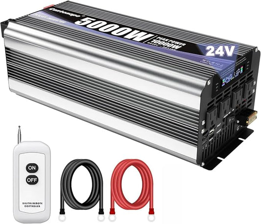 Cantonape 5000W Power Inverter 24V to 110V/120V DC to AC with LCD Display, Remote Controller and 4 x AC Outlets Car Adapter for Car Truck Boat RV Off Grid Solar System
