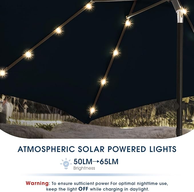 wikiwiki 9FT Solar Led Patio Umbrella with Base Included, 32 LED Lights, 8 Sturdy Ribs, Fade Resistant Waterproof POLYESTER DTY Canopy for Garden, Lawn, Deck, Backyard & Pool, Navy Blue