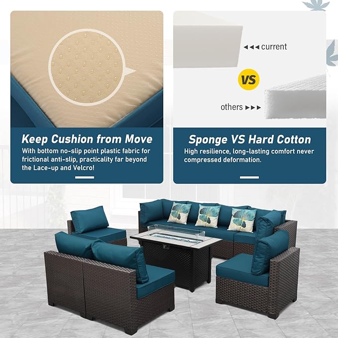 9 Pieces Wicker Patio Furniture Set Outdoor PE Rattan Sectional Conversation Sofa Set with Peacock Blue Cushions and 45 Gas fire Pit Table