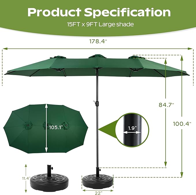 15ft Umbrella Outdoor Patio - Double-Sided Large Market Rectangle Umbrellas with Crank Handle for Patio Garden Yard Pool (No Base)