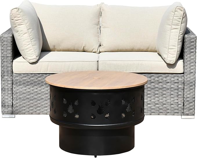 HOOOWOOO 3-Piece Outdoor Wicker Patio Furniture Set, Modular Sectional Sofa with Cushions and Fire Pit Table, All-Weather Rattan Garden Seating for Patio, Porch, or Balcony (Beige)