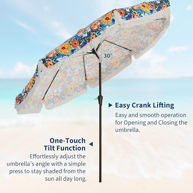 Garvee 10FT Fringe Patio Umbrella with Crank Handle, Push Button Tilt for Sun Shade,8 Fiberglass Ribs,1.5" D Premium Steel Pole, Outdoor Large Tassel Umbrella for Patio Beach Pool Backyard,10' Flower
