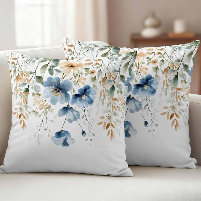 Blue Spring Floral Waterproof Outdoor Pillow Covers 24''x24'' Set of 2, Weeping Botanical Patio Furniture Summer Cushion Covers for Chairs, Decorative Wildflowers Pillow Cases for Garden/Pool/Beach