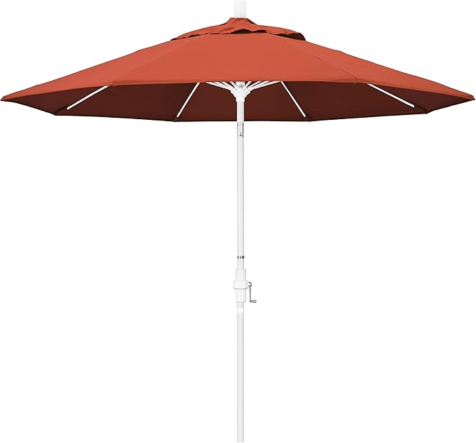 California Umbrella 9' Round Aluminum Pole Fiberglass Rib Patio Umbrella, Crank Lift, Collar Tilt, White Finish, Sunset Olefin