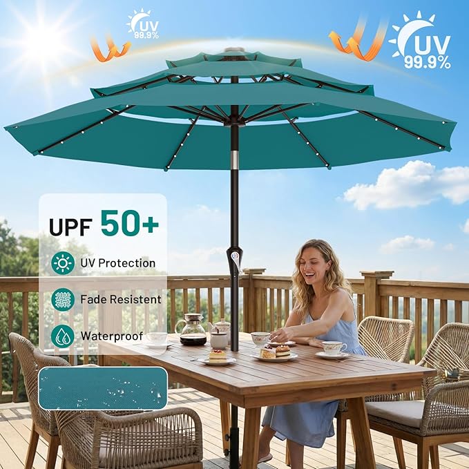 AreShark 9ft 3 Tiers Patio Umbrella with Solar Lights, Outdoor Umbrella w/ 32 LED Lights&8 Sturdy Ribs, Table Umbrella for Deck, Backyard, Pool (Lake Blue)