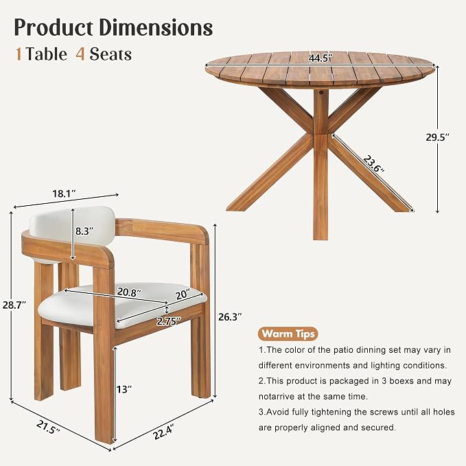 Christopher Knight Home Katy Modern 5 Piece Outdoor Dining Set, Round Dining Table Set for 4 with Chairs, Acacia Wood Patio Furniture Set with Barrel Chairs and Seat & Back Cushions, Beige+Brown