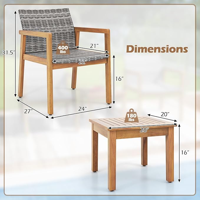 HAPPYGRILL 3 Pieces Patio Furniture Set, PE Rattan Patio Bistro Set with Chairs & Coffee Table, Outdoor Acacia Wood Conversation Set for Garden, Backyard, Poolside & Porch