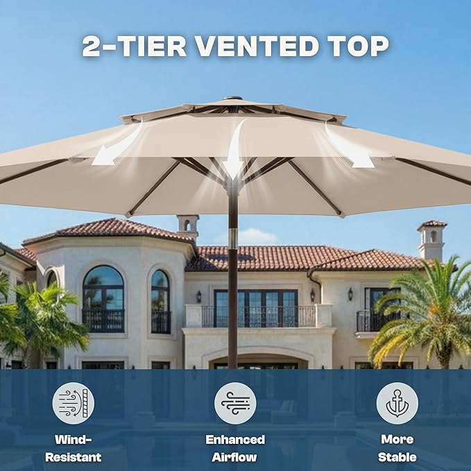 Outdoor Patio Umbrella, 2 Tiers Market Table Umbrella with 8 Sturdy Ribs, Push Button Tilt and Crank, UPF50+ UV Protection for Deck, Pool, Garden and Backyard