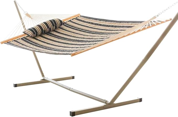 Castaway Living Large 2-Person Quilted Hammock with Stand & Pillow – Beige & Black Stripe, 10 ft. L x 52 in. W, 350 lb Capacity, Weather-Resistant Polyester, Portable Space-Saving Frame
