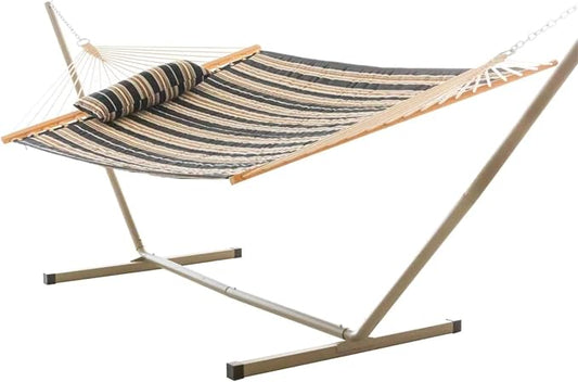 Castaway Living Large 2-Person Quilted Hammock with Stand & Pillow – Beige & Black Stripe, 10 ft. L x 52 in. W, 350 lb Capacity, Weather-Resistant Polyester, Portable Space-Saving Frame