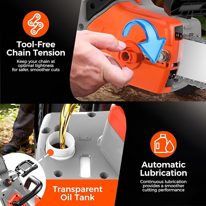 Battery Powered Chainsaw,12" & 16" Dual Guide Plate.21V Electric Cordless Chainsaw with 2 Batteries and Charger.Brushless Chain Saw Kit with Safety Goggles and Gloves for Tree Pruning and Wood Cutting