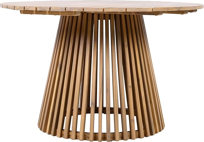 Christopher Knight Home Briar Farmhouse Acacia Wood Round Dining Table, Patio Dining Room Table with Unique Wooden Base for Backyard/Garden, Slatted Design Outdoor Dining Table, Light Teak