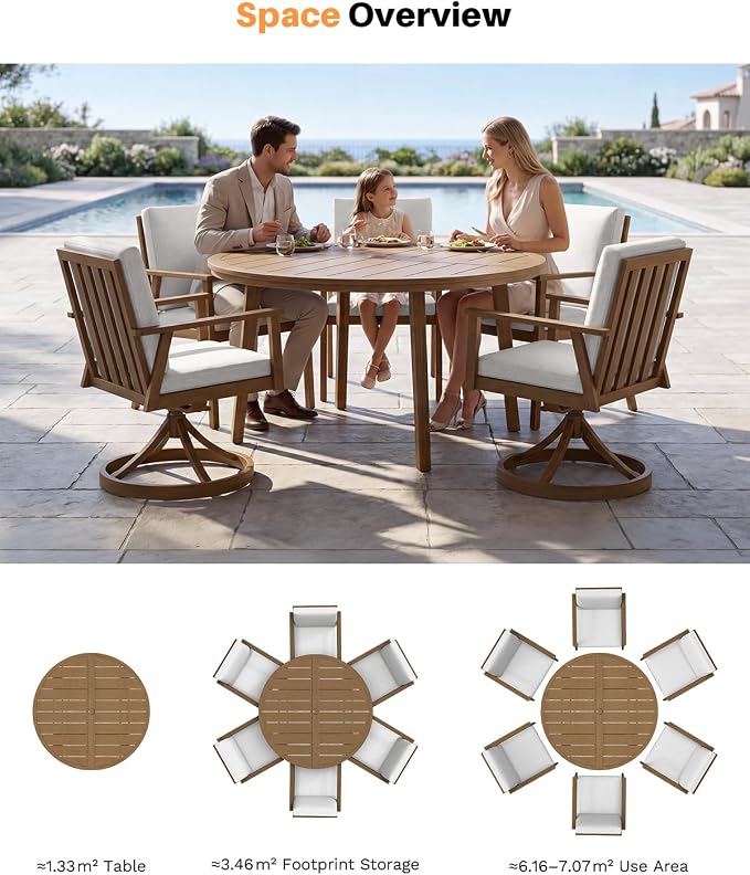 7 Pieces Teak Round Patio Dining Set, Aluminum Outdoor Dining Set Includes Oversize Round Dining Table, 4 Dining Chairs & 2 Swivel Chairs, Outdoor Table and Chairs Set for Yard, Deck, Lawn