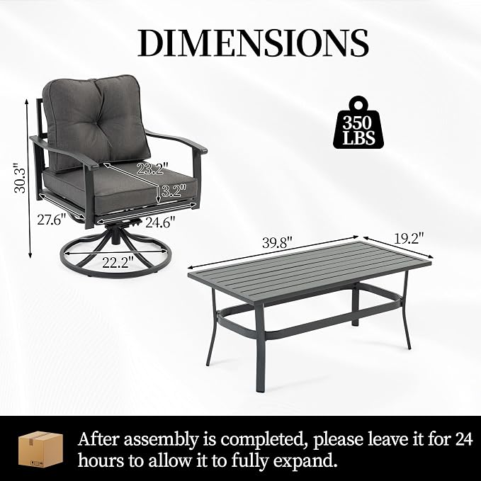 Outdoor Patio Furniture Set, 2 Pcs Swivel Chairs and Coffee Table, All-Weather Metal Modern Outside Furniture with Washable Thick Cushion for Garden/Backyard/Porch, Grey
