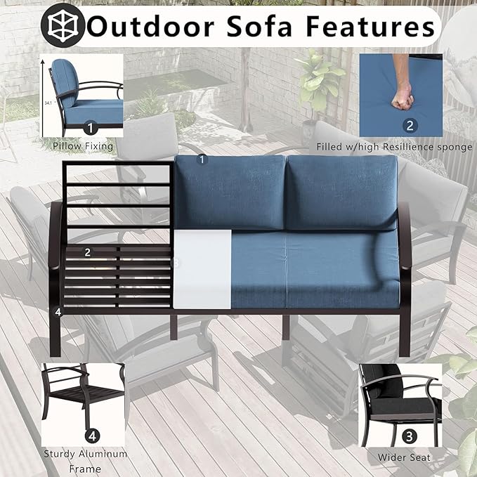 Aluminum Patio Furniture Set, 10 Seats Outdoor Patio Conversation Sets with Swivel Chair Modern Metal Sectional Sofa with Upgrade Cushions for Patio, Backyard - Blue