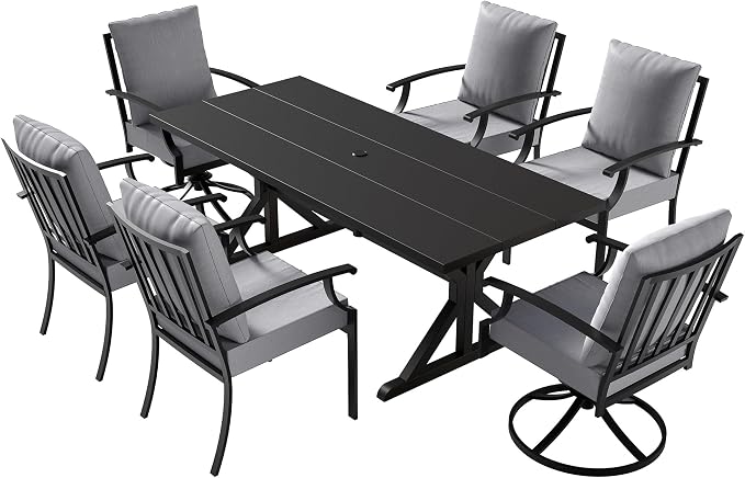 ALAULM 7-Piece Patio Dining Set,Outdoor Metal Dining Set with 2 Swivel Chairs & Rectangle Table with 1.5 Umbrella Hole, Patio Dining Table and Chairs for Backyard,Grey