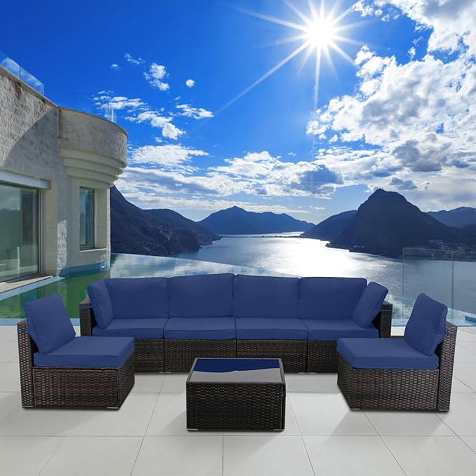 7 Pieces Outdoor Patio Furniture Sets,Rattan Conversation Sectional Set,Manual Weaving Wicker Patio Sofa with Tea Table