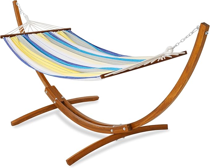 Lazy Daze Hammocks Cotton Fabric Spreader Bar Hammock and 10.5 Ft Wood Arc Hammock Stand Combo, for Outdoor, Indoor, Patio, Backyard, Blue and Yellow