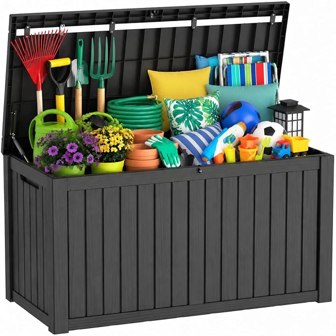 200 Gallon Outdoor Storage Box, Large Waterproof Resin Deck Box, Lock Storage Bins, Patio Furniture for Garden Tool and Poolside, Deep Black
