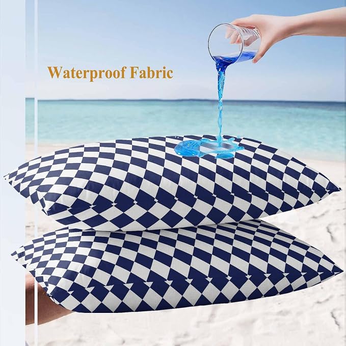 Modern Geometric Buffalo Plaid Outdoor Pillow Covers Set of 2,Decorative Waterproof Throw Pillow Case,Abstract Blue White Diamond Cotton Linen Soft Cozy Cushion Pillowcases