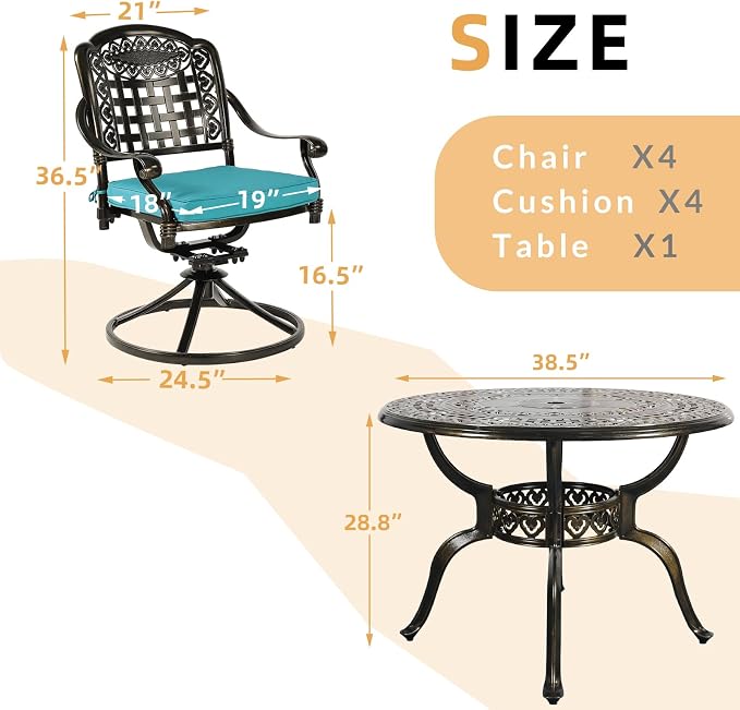 5 Piece Patio Dining Set, Outdoor Table and Chairs Set for 4 Cushioned Swivel Rocking Chairs and 38.5'' Round Table, All-Weather Cast Aluminum Patio Funiture Set, 2'' Umbrella Hole, Blue