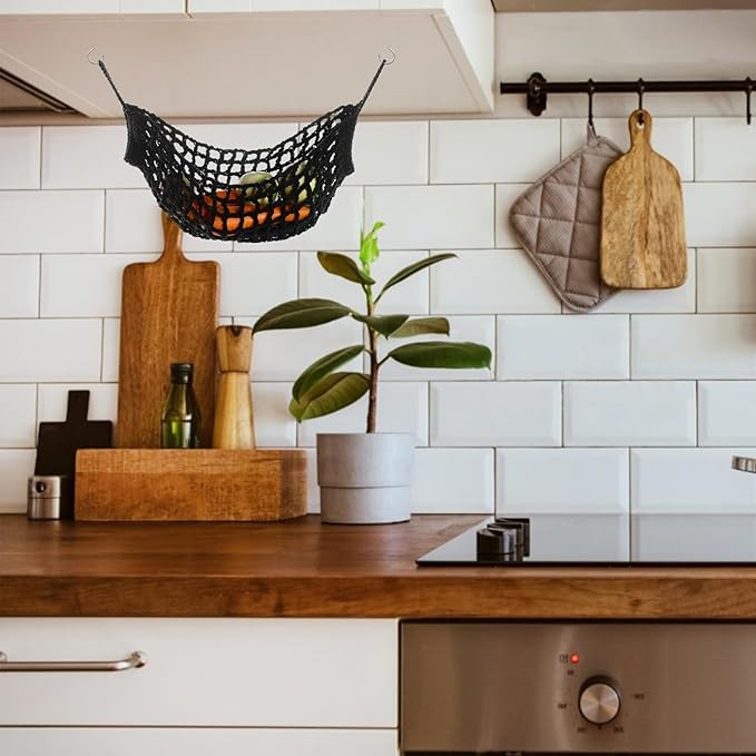 Fruit Vegetable Hammock, 1 Set Black Handmade Macrame Fruit Hammock with Hooks Cotton Fruit Holder Net Under Cabinet Hanging Fruit & Veggie Basket for Saving Kitchen Space